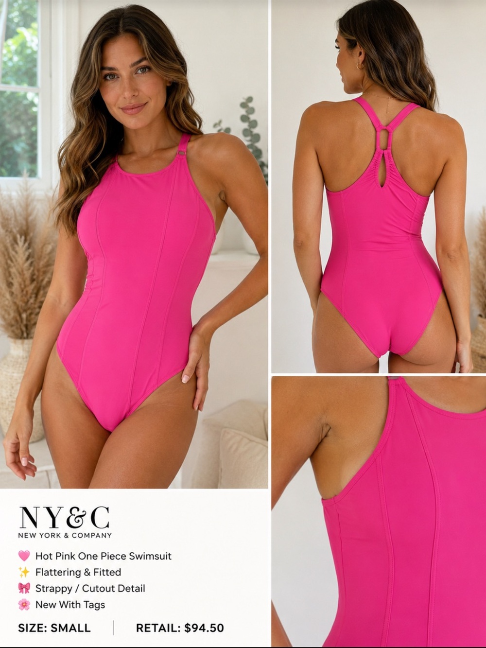 New York & Company Hot Pink One-Piece Swimwear with Strappy Back